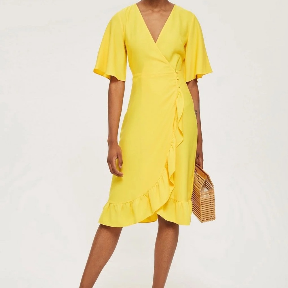 Topshop Yellow Ruffle Wrap Midi Dress